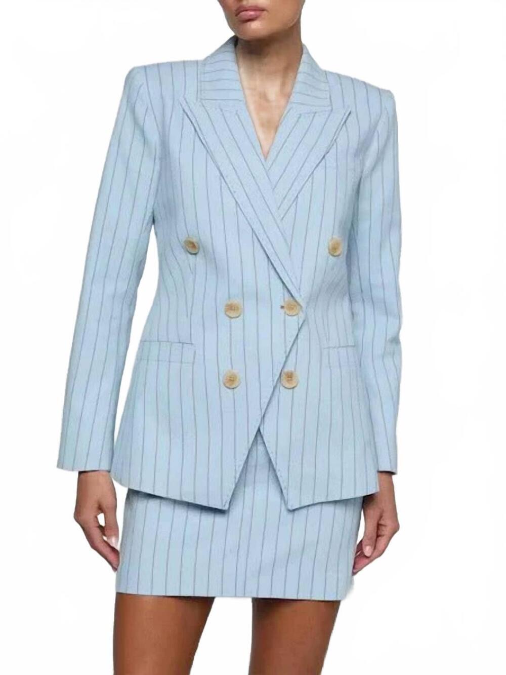 NEW L'AGENCE women's kyomi double-breasted blazer in light blue / sienna pinstri